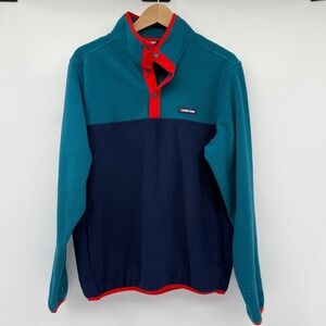 Lands' End Fleece Pullover Teal Blue Color Block Button Mock Neck Mens Medium‎